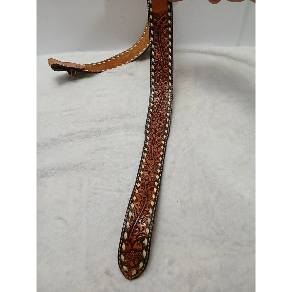 ​Hand-Tooled Leather Belt with Floral Design & White Stitching Custom 